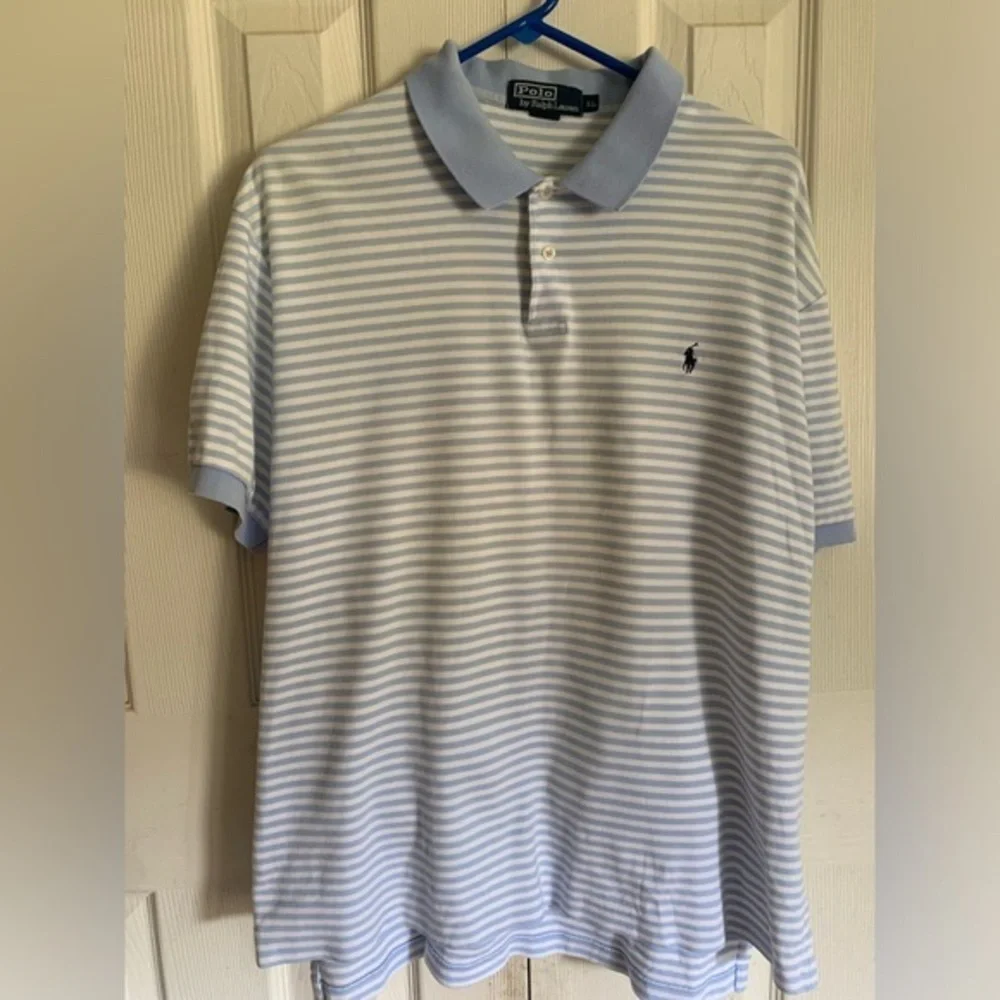 Men's Polo Ralph Lauren XL 100%‎ Cotton Blue & White Striped  Shirt Sleeve Golf